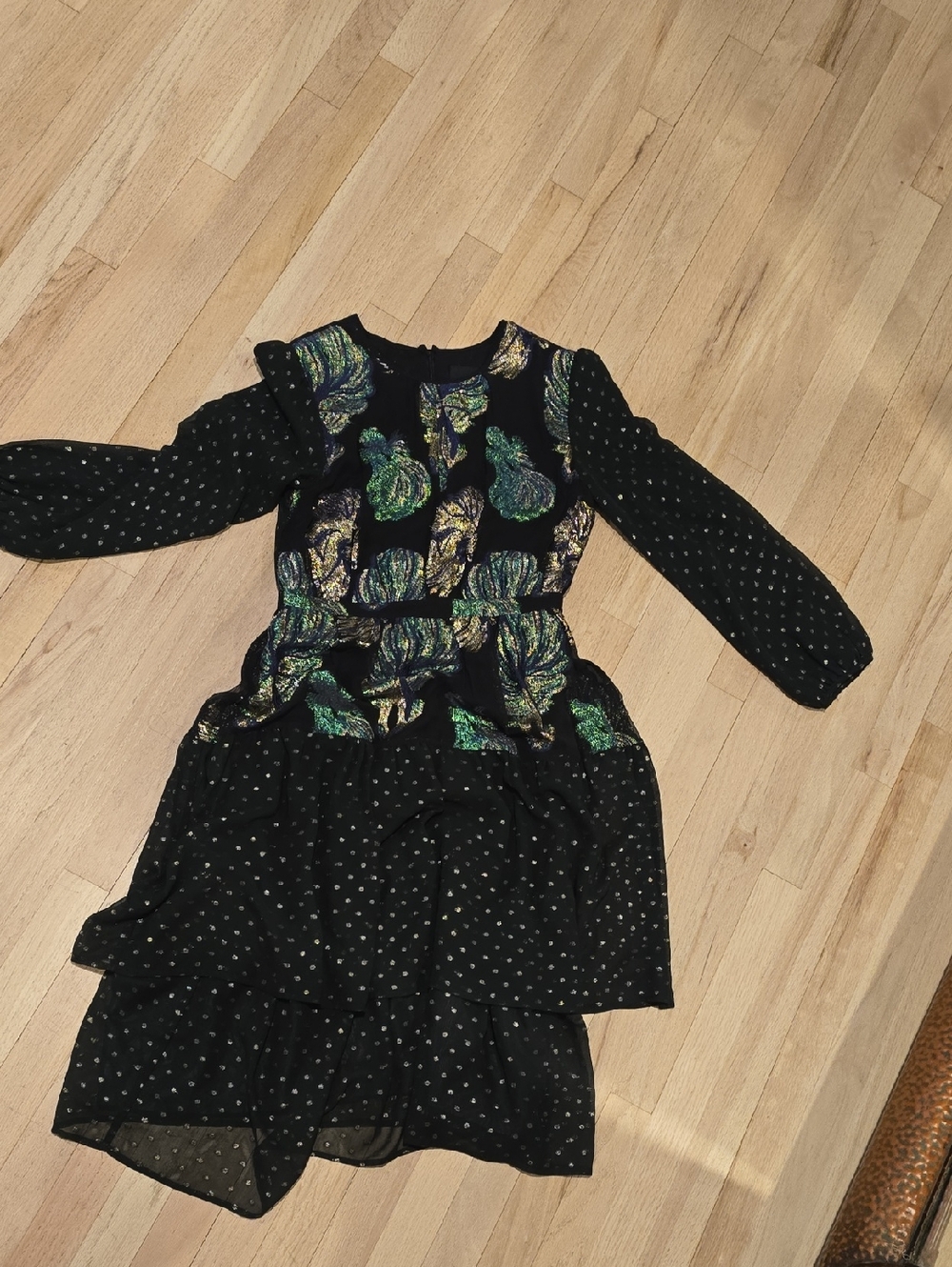 Cynthia Rowley Black Dress with Green and Gold Floral Accents
